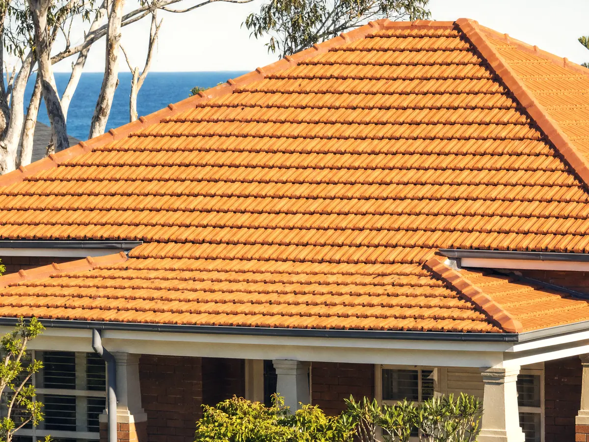 A brick cottage on the hill behind Merewether beach, its terracotta tile roof filling the frame with a Norfolk pine and the ocean beyond