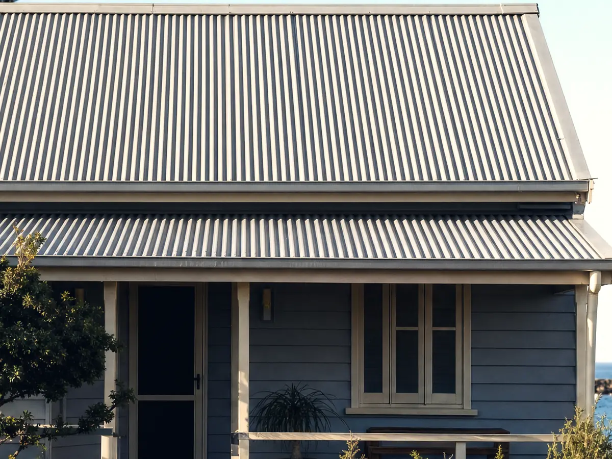 An older Stockton cottage with a salt-weathered grey corrugated roof, wind-shaped Norfolk pines and the harbour breakwall beyond