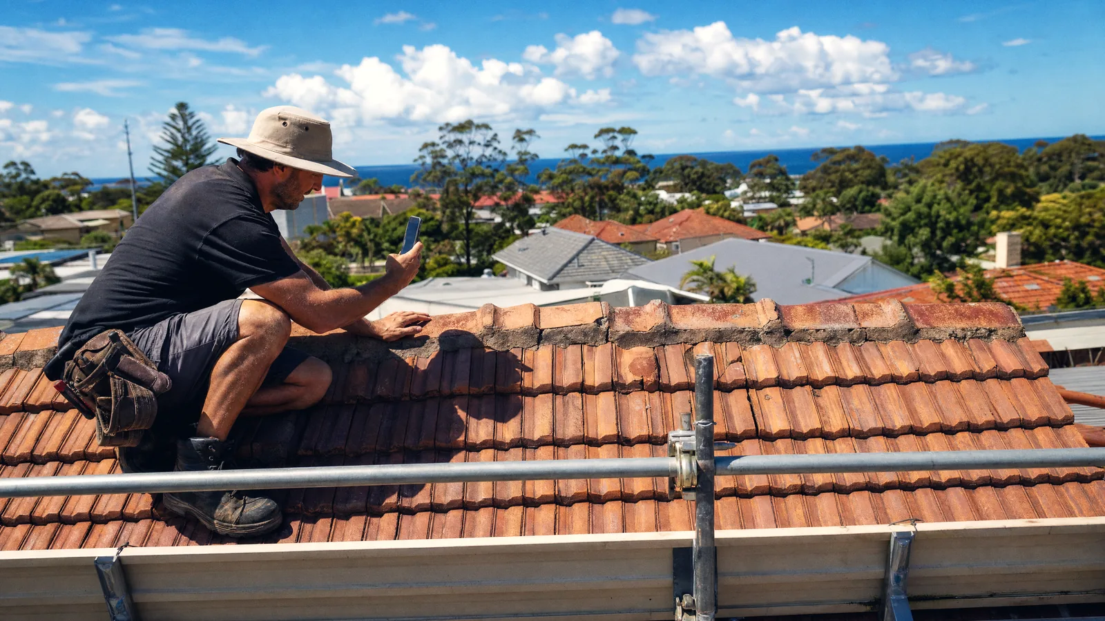 Roofer on a Newcastle tile roof photographing cracked ridge capping during an inspection