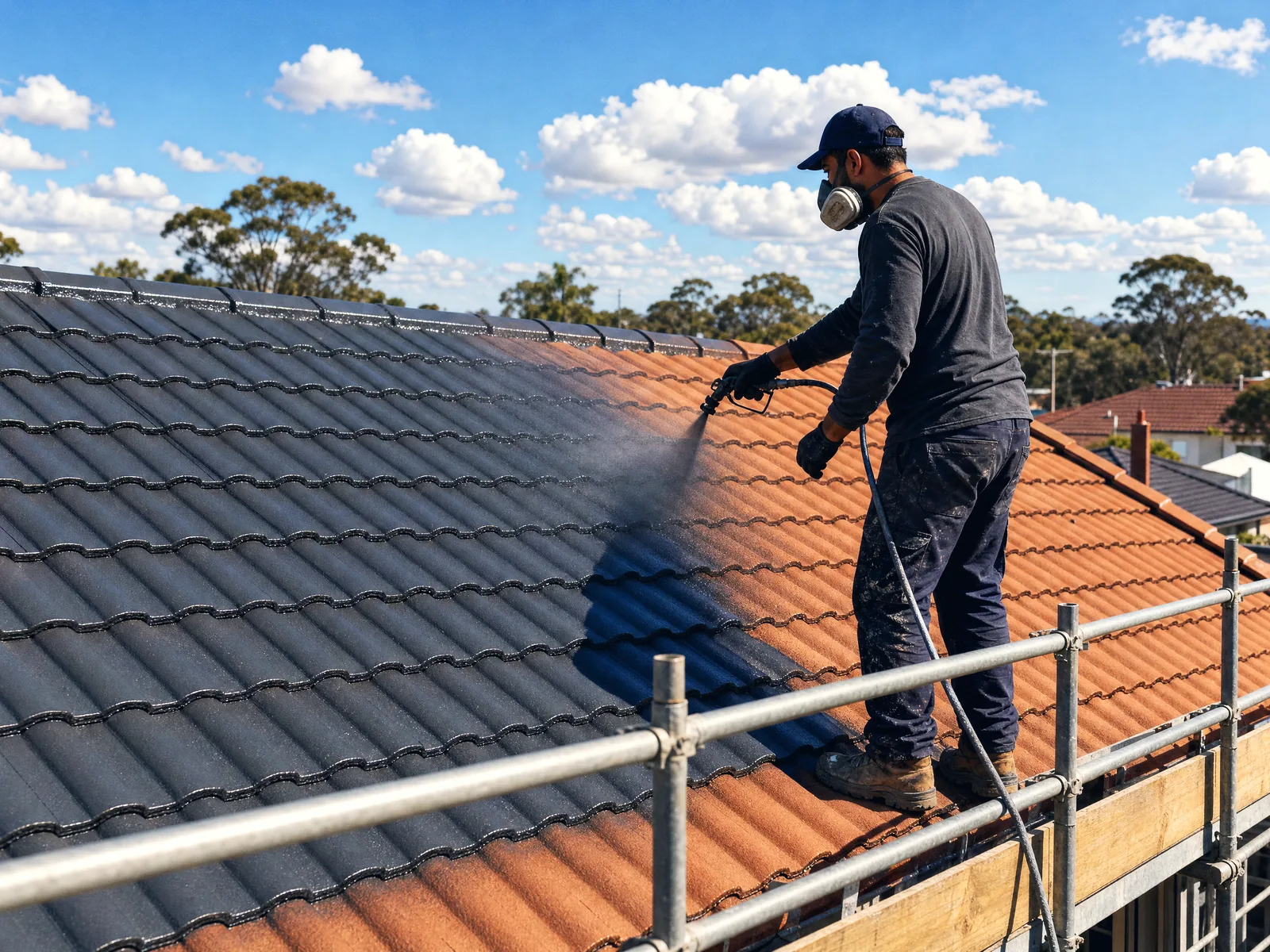 Spray gun laying a membrane coat onto a cleaned tile roof, crisp line between coated and uncoated sections